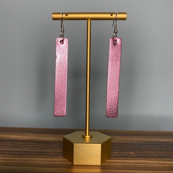 Metallic Faux Leather Vinyl Pink Rectangle Earring - Picture 4 of 5